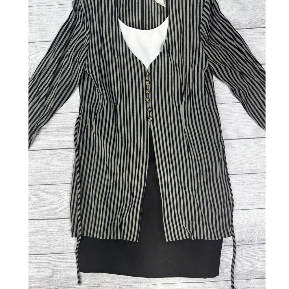TR Bentley Vintage Striped Layered Look Dress Black Grey Gold Button 128H